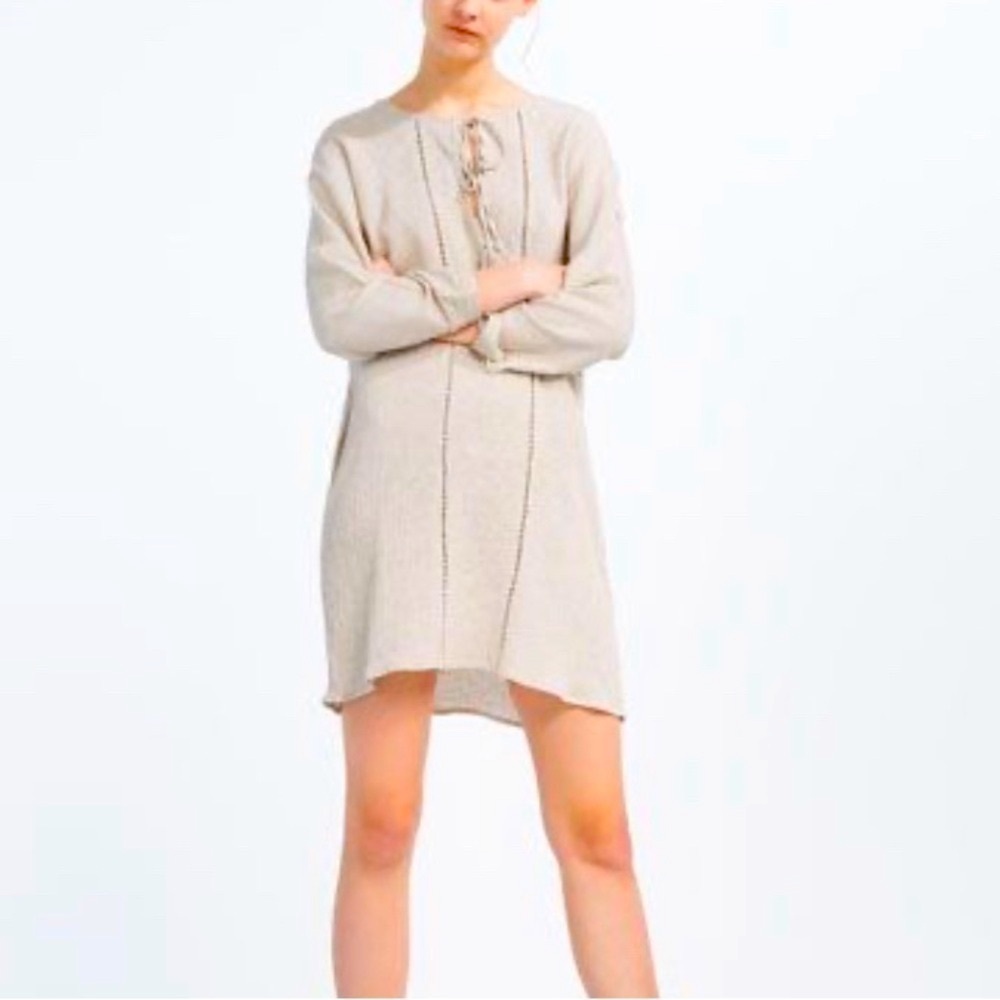 Zara Trafaluc Collection. Boho dress oatmeal with tie at neck.